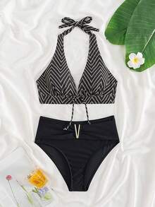 Của phụ nữ In Houndstooth Halter Neck Bộ Bikini - Nhiều màu - Xem 1