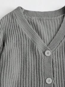 Solid Button Front V Neck Lantern Sleeve Cardigan - Light Grey - View 5