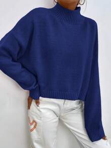 EURMUSE 大码休闲纯色落肩立领毛衣，秋冬 - 藍色 - 查看 5