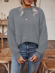 SHEIN LUNE 大碼落肩袖套頭毛衣 - 灰色 - 查看 3