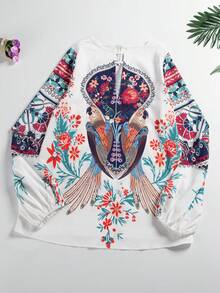 Long Sleeve Round Neck Hollow Out Floral Print Shirt - White - View 2