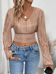 SHEIN Clasi 休閒褶邊純色女士襯衫 - 卡其色 - 查看 3