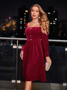 Aveloria Square Neck Button Detail Lantern Sleeve Velvet Dress Fall Cloth For Women - Red - View 5