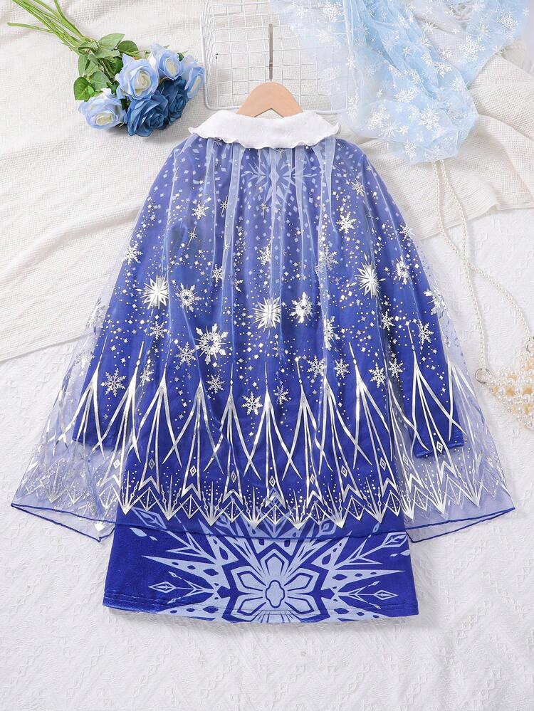 Tween Girl Geo Print Dress & Fuzzy Peter-pan-collar Mesh Cape