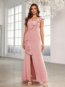SHEIN Belle Ruffle Trim Split Thigh Bridesmaid Dress - Pink - View 4