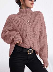 Cloudara Jersey cuello alto tejido de cable de hombros caídos - Rosa coral - Ver 4