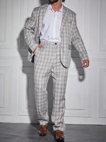 Manfinity Mode 男士大码格紋單釦西裝外套&西裝褲無襯衫