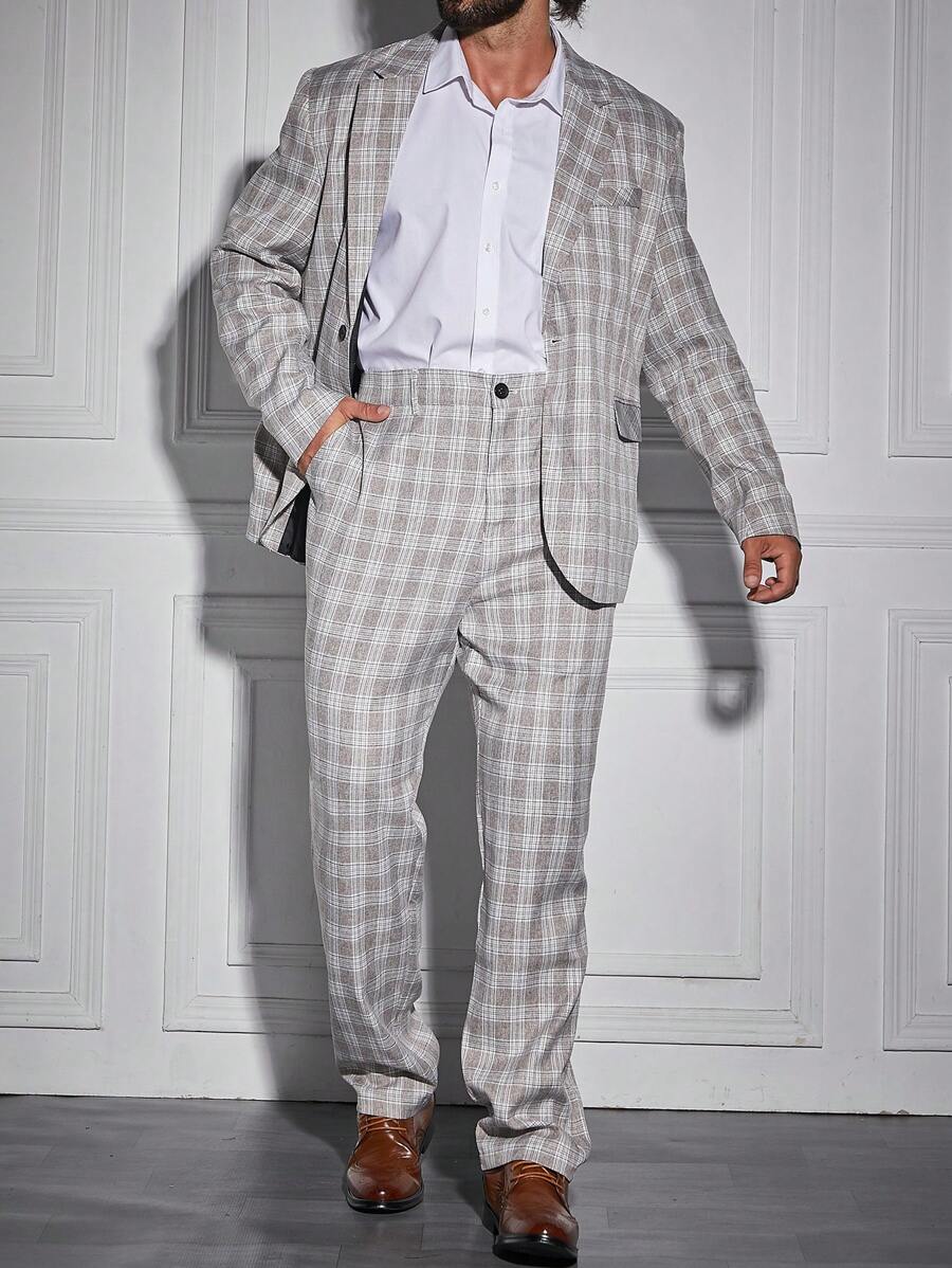 Manfinity Mode 男士大码格紋單釦西裝外套&西裝褲無襯衫