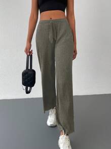 Cottnline 素色腰部抽繩條紋針織闊腿褲 - 橄欖綠 - 查看 3