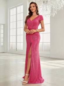 SHEIN Belle Split Thigh Sequin Prom Dress - Pink - View 7