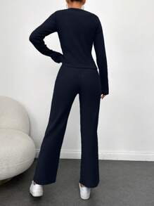 SHEIN Cottnline 100%纯棉女式落肩T恤和抽绳腰裤套装 - 藏蓝色 - 查看 2