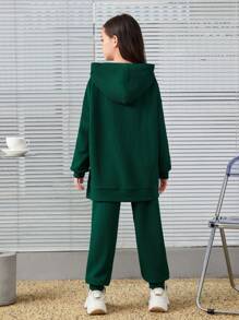 SHEIN Tween Girl Drop Shoulder Hoodie & Sweatpants - Green - View 7