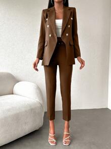 EURMUSE Ladies' Double-breasted Suit Jacket And Pants Set - Brown - View 3