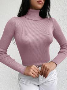 EURMUSE Turtleneck Ribbed Knit Sweater - Coral Pink - View 3
