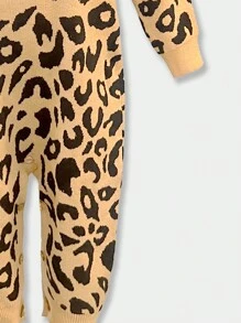 Baby Girl Leopard Pattern Ruffle Trim Knit Jumpsuit & Hat