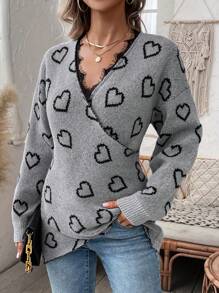 SHEIN LUNE 心形图案睫毛蕾丝边饰落肩交叉裹身针织套头衫秋冬毛衣 - 灰色 - 查看 3