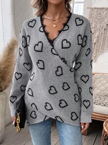 SHEIN LUNE 心形图案睫毛蕾丝边饰落肩交叉裹身针织套头衫秋冬毛衣 - 灰色 - 查看 5