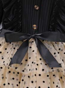 SHEIN 少女優雅圓領長袖分層薄紗公主裙，荷葉邊下擺，適合春秋婚禮、派對和舞會 - 黑色 - 查看 4