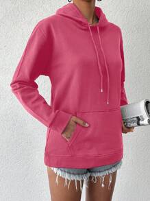 EURMUSE Women's Solid Color Drop Shoulder Hoodie With Drawstring - Coral Pink - View 3