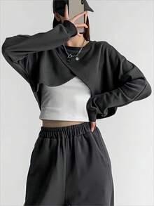 SHEIN EZwear 女款落肩包裹式短版運動衫 - 灰色 - 查看 3