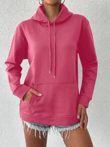 EURMUSE Women's Solid Color Drop Shoulder Hoodie With Drawstring - Coral Pink - View 5