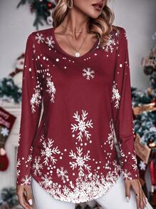 SHEIN LUNE 圣诞雪花印花 T 恤 图案 T 恤 女式上衣 - 紅色 - 查看 1