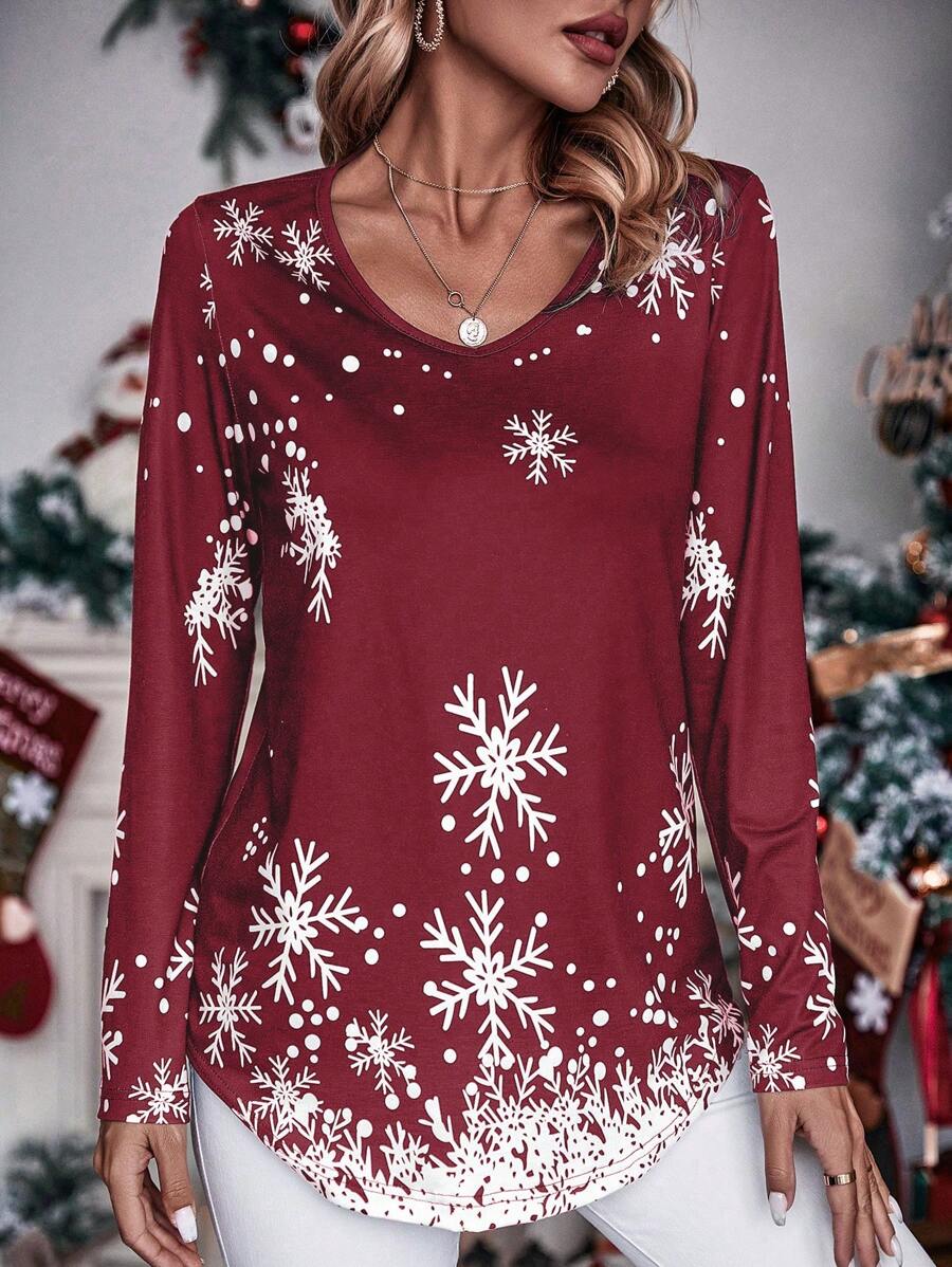 SHEIN LUNE 圣诞雪花印花 T 恤 图案 T 恤 女式上衣 - 紅色 - 查看 1