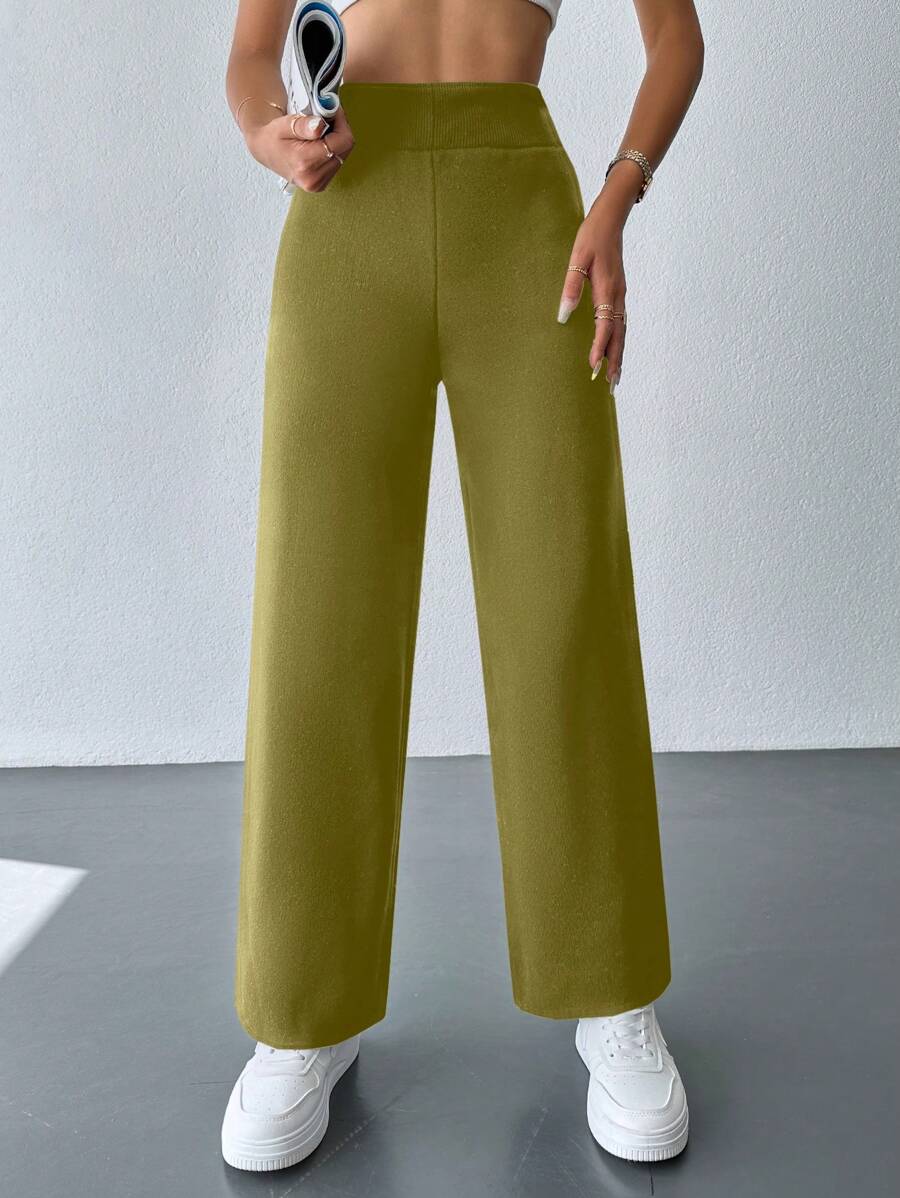 SHEIN Cottnline Women's Solid Color Sweater Pants With Elastic Waist - Mustard Yellow - View 1