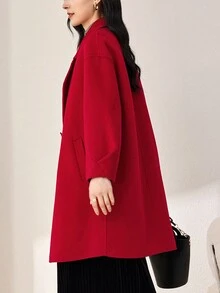 Lapel Neck Drop Shoulder Double Button Overcoat - Red - View 2