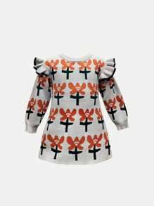 Baby Girl Floral Pattern Ruffle Trim Sweater Dress - Maroon - View 1