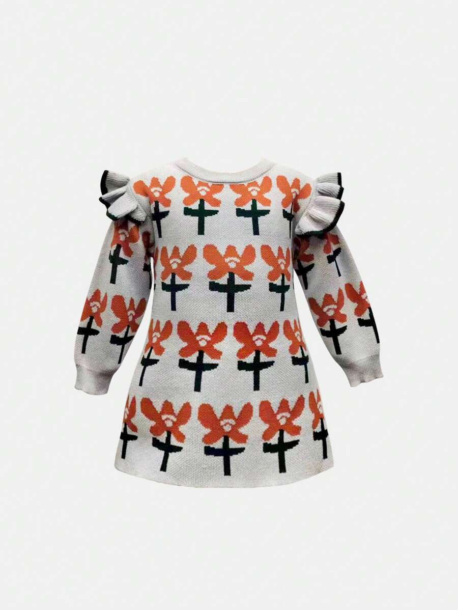 Baby Girl Floral Pattern Ruffle Trim Sweater Dress - Maroon - View 1