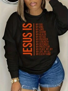 Talla grande Sudadera con estampado de slogan de hombros caídos - Negro - Ver 1