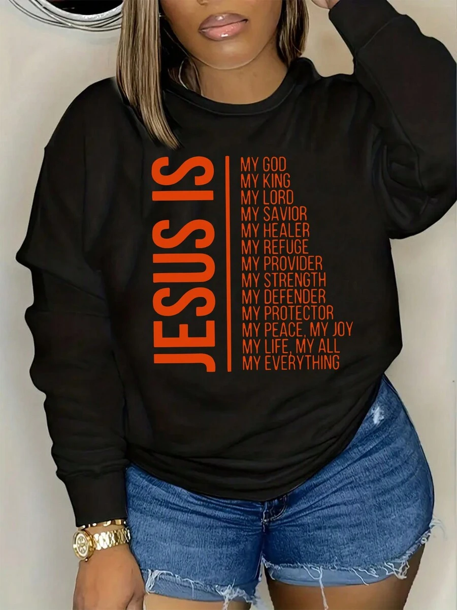 Talla grande Sudadera con estampado de slogan de hombros caídos - Negro - Ver 1