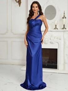 SHEIN Belle One Shoulder Contrast Sequin Wrap Hem Prom Dress - Blue - View 6