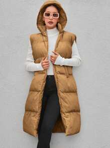 EURMUSE Zip Up Hooded Vest Puffer Coat - Camel - View 1