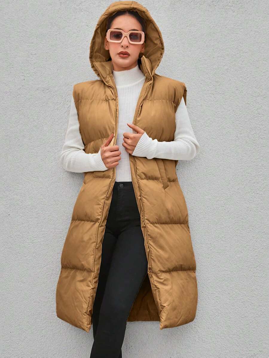 EURMUSE Zip Up Hooded Vest Puffer Coat - Camel - View 1