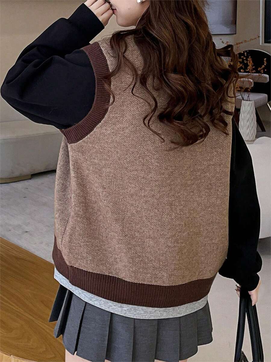 1入組拼接邊前紐扣毛衣背心 - 咖啡棕 - 查看 1