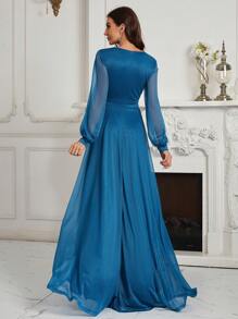 SHEIN Belle Vestido De Dama De Honor (adulto) Con Amplio Escote En V Profundo, Corte Alto Y Diseño De Gran Vuelo - Azul - Ver 2