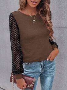 SHEIN LUNE Contrast Lace Lantern Sleeve Tee - Coffee Brown - View 3