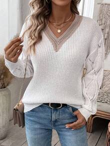 SHEIN LUNE Guipure Lace Panel Drop Shoulder Pointelle Knit Sweater - Multicolor - View 4