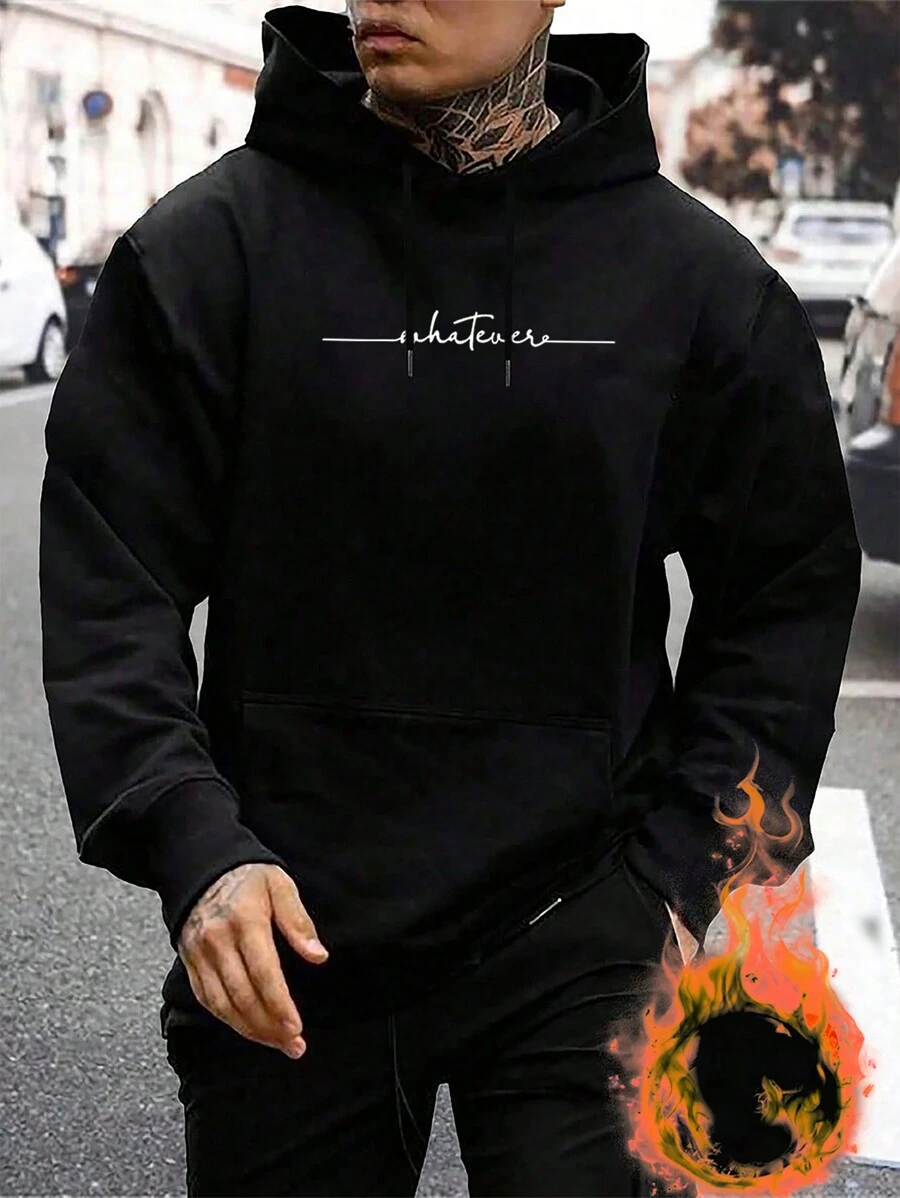 Manfinity Homme 男士字母圖案袋鼠口袋抽繩連帽衫 - 黑色 - 查看 1