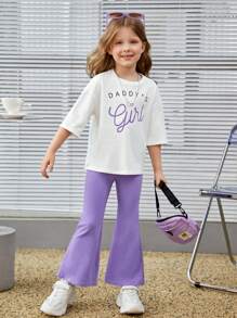 SHEIN Cô Gái Trẻ Đồ họa Chữ cái Áo thun Thả vai & Quần ống loe - Nhiều màu - Xem 6