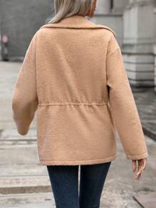 SHEIN LUNE Drawstring Waist Drop Shoulder Teddy Coat - Khaki - View 2