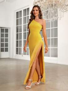 SHEIN Belle 斜肩,高分裂,褶飾絲帶裝飾,直身裙,女士晚禮服（重型款式） - 黃色 - 查看 5