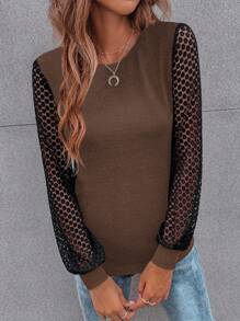 SHEIN LUNE Contrast Lace Lantern Sleeve Tee - Coffee Brown - View 5