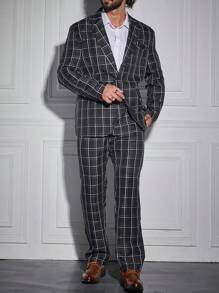 Manfinity Mode Men Plus Grid Print Single Button Blazer & Pants Set