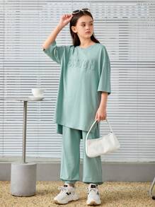 SHEIN Tween Girls鬆身復古風毛衣和長褲,3d字母印花兩件套 - 綠色 - 查看 5