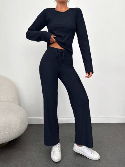 RueChic 100% Baumwolle Damen Set aus Drop Shoulder T-Shirt und Hose mit Kordelzug in der Taille