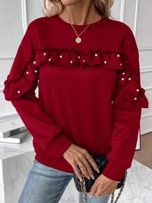 SHEIN Unity 珍珠串珠荷葉邊落肩袖運動衫 - 酒紅色 - 查看 4