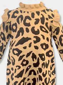 Baby Girl Leopard Pattern Ruffle Trim Knit Jumpsuit & Hat